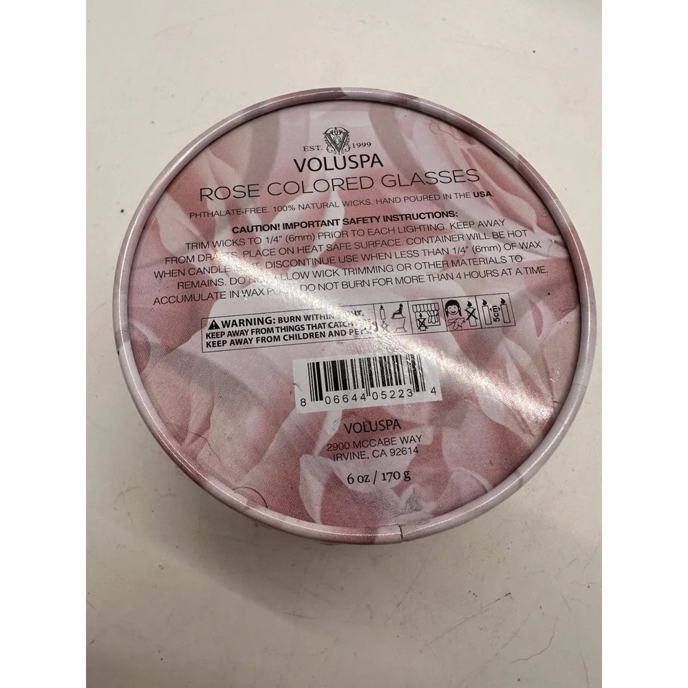 Voluspa Rose Colored Glasses 6 oz CocoWax Candle New Unused Tin 2 Wick
